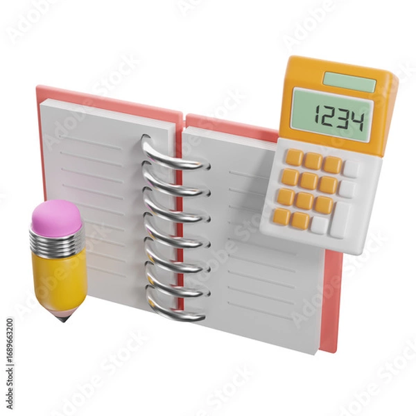 Obraz Notebook with calculator and pencil. 3D illustration.