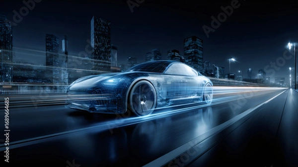 Fototapeta Digital wireframe car driving on a futuristic highway at night. Autonomous vehicle technology and smart transportation concept.