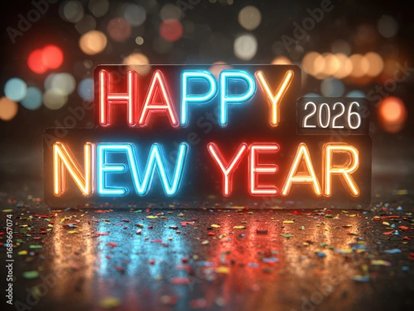 Fototapeta New Year 2026 celebration, neon sign Happy New Year with party poppers and streamers on a blurred background - AI-Generated