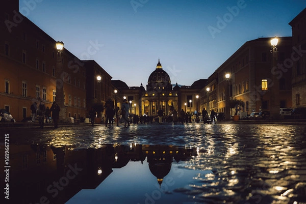 Obraz Panoramic night view of St Peter's Basilica with beautiful reflection in Vatican City. Architecture, landmark and attractions of Rome, Italy. High quality photo