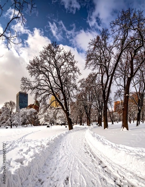 Fototapeta Snowy park path under a partly cloudy sky