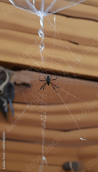Fototapeta Spider spinning web on wooden background in indoor setting  