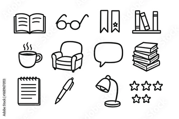 Fototapeta Book Club Essentials. Book club doodle icon set: hand drawn icons of open book, reading glasses, bookmarks, library shelf, coffee