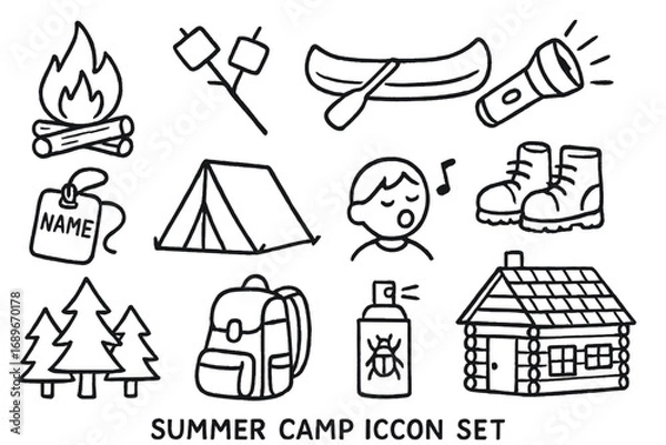 Fototapeta Summer Camp Icons. Summer camp doodle icon set: hand drawn icons of campfire, marshmallows, canoe, flashlight, name tag, tent,