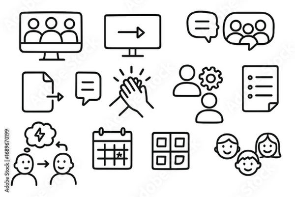 Fototapeta Team Collaboration Doodles. Team collaboration doodle icon set: hand drawn icons of virtual meeting, shared screen, group chat,