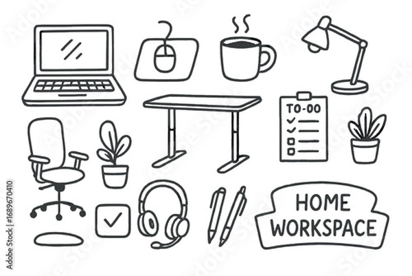Fototapeta Home Office Icons. Home office setup doodle icon set: hand drawn icons of laptop, mousepad, standing desk, coffee mug, task light,