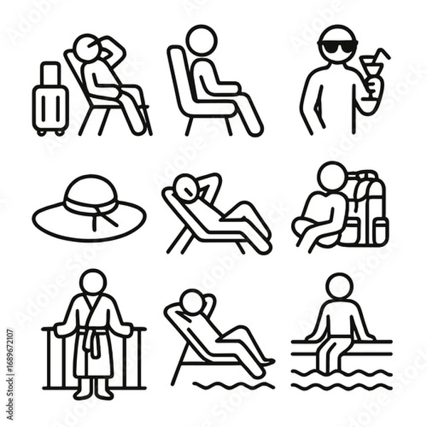 Obraz Vacation Relaxation Icons. Line style icons of people in vacation relaxation: figure with suitcase resting, sitting in airport