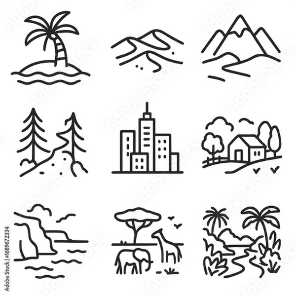 Obraz Global Destination Icons. Line style icons of global destinations and environments: tropical island icon, desert sand dunes, snowy
