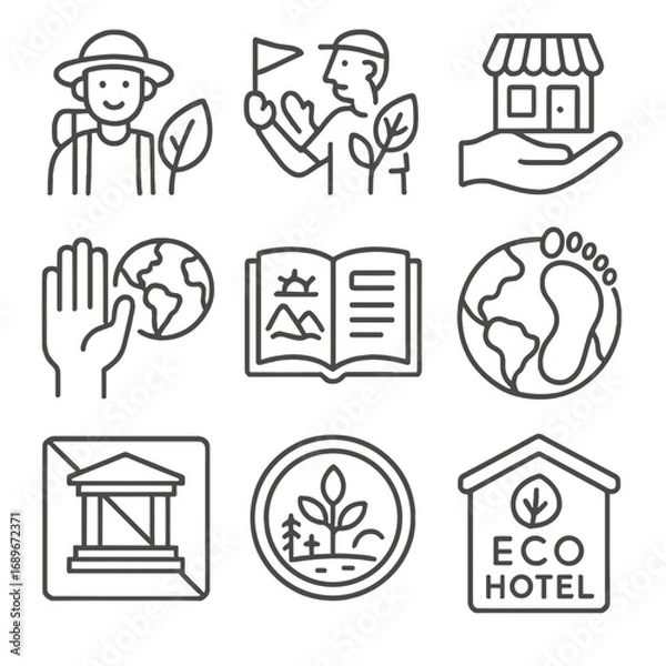 Obraz Sustainable Tourism Icons. Line style icons of global tourism impact and education: traveler with leaf icon, guided sustainability