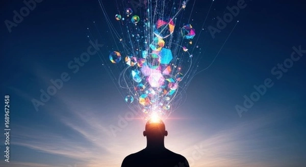 Obraz Silhouette with exploding colorful geometric shapes, representing creativity and imagination