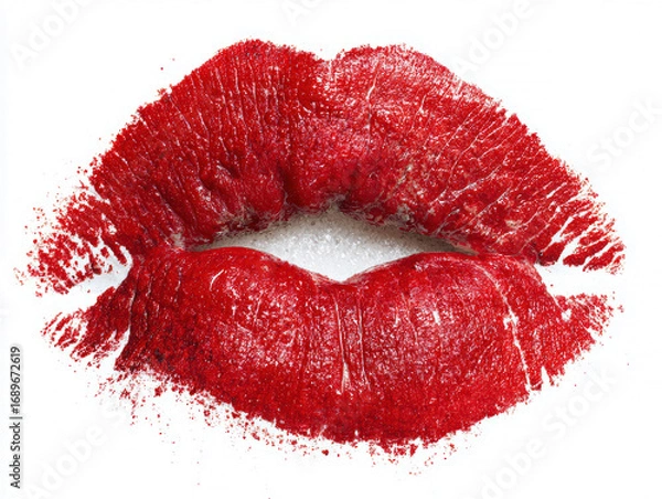 Obraz Close-up of vibrant red lips with subtle gloss and sugar crystals, against a white background - AI-Generated