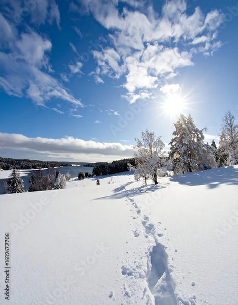 Fototapeta Snowy path through a winter landscape