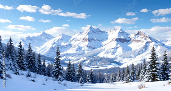 Obraz Majestic winter mountain landscape with snow-covered peaks, pine trees, and clear blue sky. Scenic nature view capturing alpine beauty, cold season, and peaceful wilderness atmosphere.