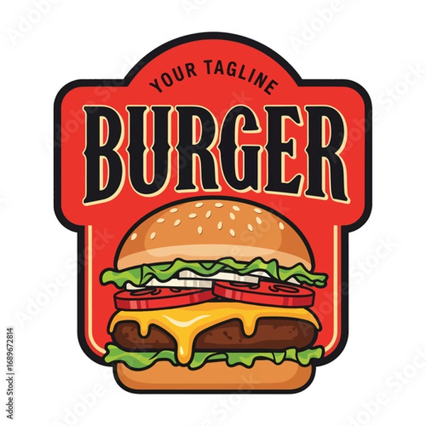 Fototapeta Vector art of burger logo with sesame bun, beef patty, melted cheese, lettuce, and tomato in retro sign design, perfect for restaurant branding, fast food menus, and marketing promotions