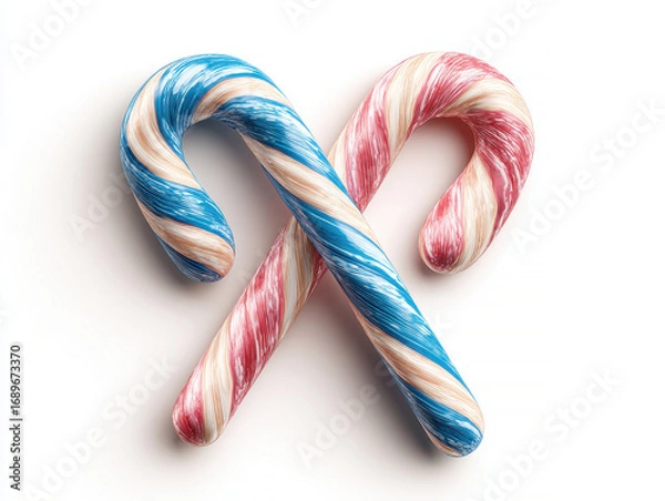 Obraz Four candy canes arranged in a cross shape, vibrant red and white colors, overhead view, light gray background, even lighting, minimalist style - AI-Generated