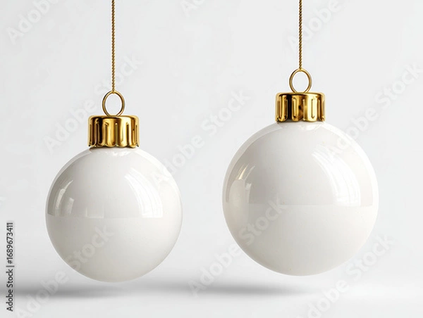 Obraz Two minimalistic Christmas ornaments, spherical in shape, suspended on gold hooks against a light background Matte finish with pale beige and warmer tone color gradient No text or bra - AI-Generated