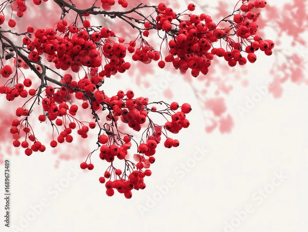 Obraz Close-up view of a sinuous branch with densely packed red berries, soft background, pinkish foliage, contrasting neutral tones, gentle lighting, realistic style with artistic enhancemen - AI-Generated