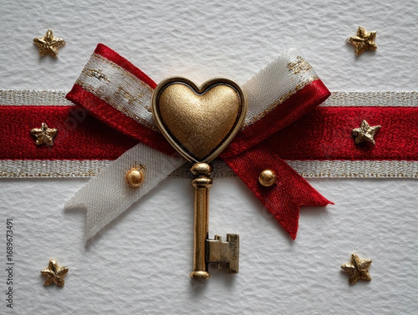 Obraz A golden key with a heart-shaped handle is displayed on a white background, attached to a red velvet ribbon adorned with gold stars - AI-Generated
