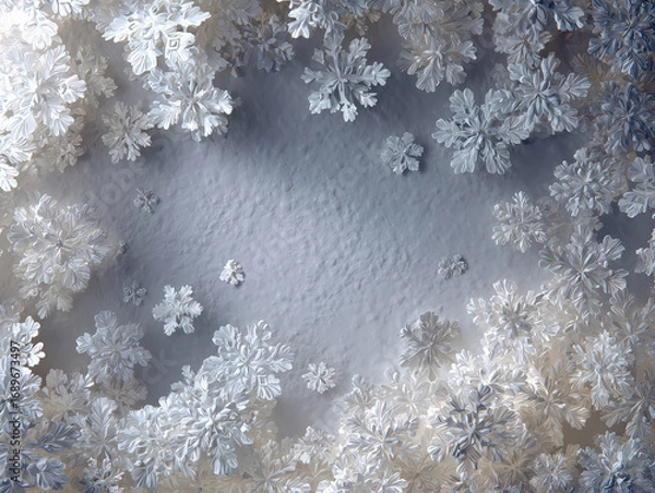 Obraz Close-up of intricate, symmetrical snowflakes against a textured white background, showcasing various shapes and sizes with subtle gray and blue hues High-angle shot focusing on layere - AI-Generated