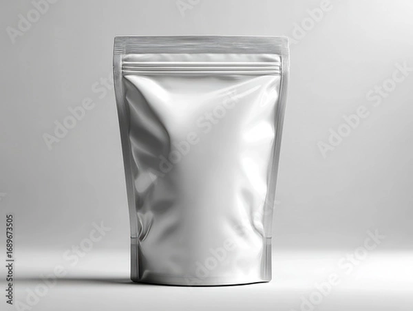 Obraz Centrally placed white, matte powder pouch against a light to dark grey gradient background, in a well-lit studio environment with minimal shadows, and captured from an elevated - AI-Generated