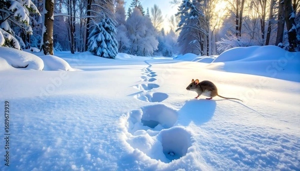 Fototapeta Snowy path with footprints and rodent