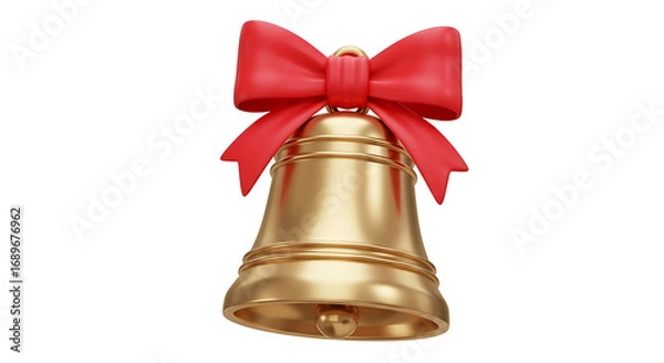 Obraz Golden Christmas bells with a red ribbon and bow, a festive holiday decoration isolated on a white background