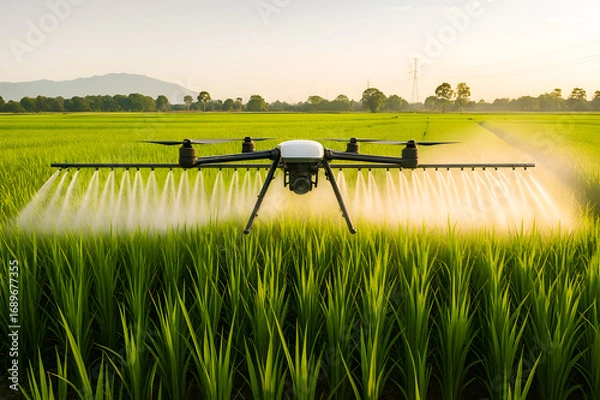 Obraz Smart Drone Spraying in Rice Fields