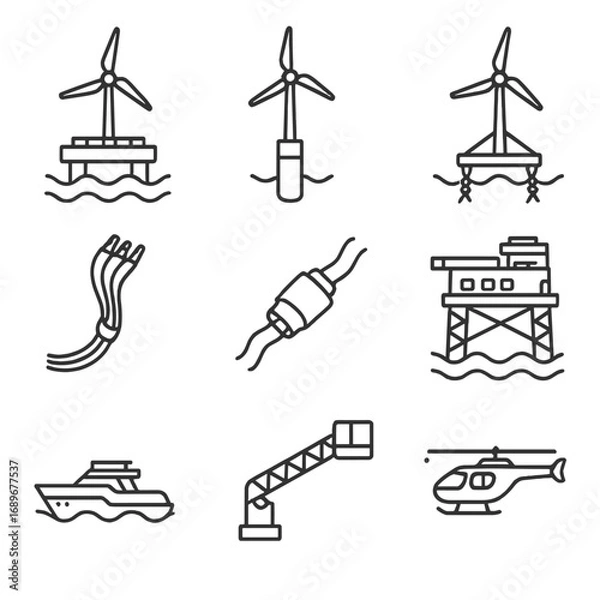 Obraz Offshore Wind Farm Elements. Outline style icon of Offshore Wind Farm Elements: floating platform, spar foundation, tension leg