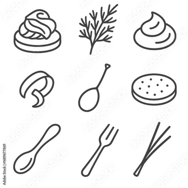 Obraz Appetizer Icon Set. Outline style icons of Mini Appetizers: smoked salmon blini, dill sprig, crème fraîche dollop, lemon zest