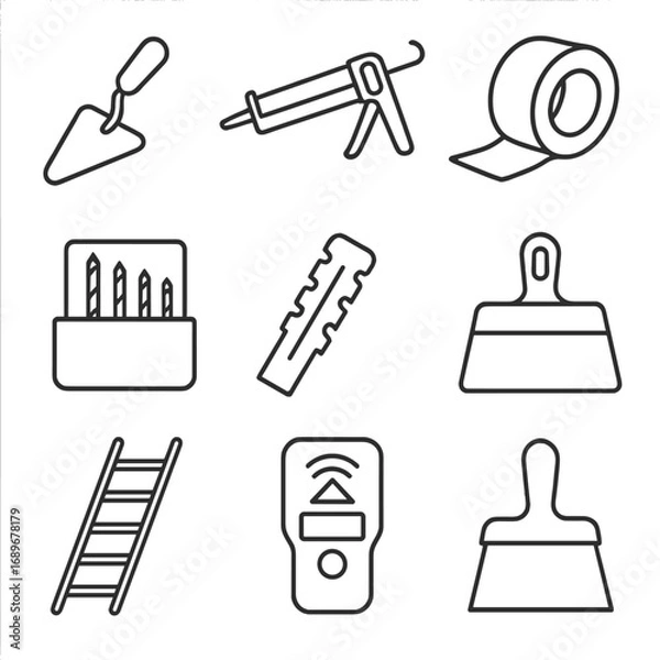 Fototapeta Renovation Tool Icons. Line style icons of renovation and repair tools: patching trowel, sealant gun, repair tape, drill bit set,