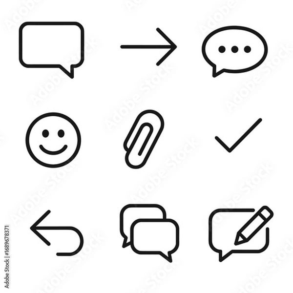 Fototapeta Digital Messaging Icons. Line style icons of digital messaging: text message icon, send arrow, typing dots, emoji face, attachment