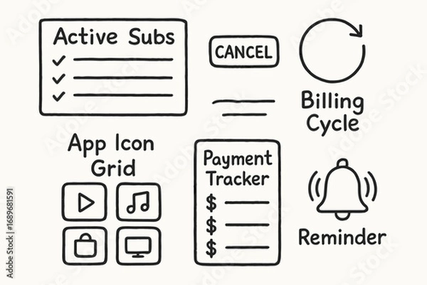 Fototapeta Subscription Management Doodles. Subscription manager: hand drawn doodles of active subs list, cancel button, billing cycle, app