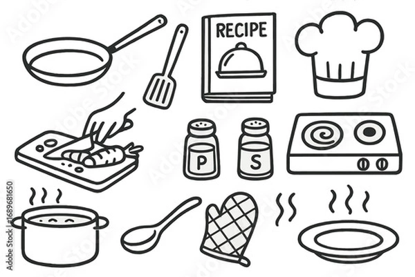 Fototapeta Home Cooking Icons. Home cooking doodle icon set: hand drawn icons of frying pan, spatula, recipe book, chef hat, cutting