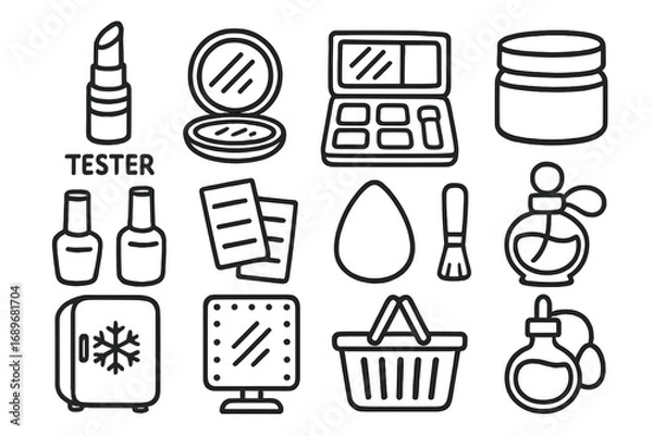 Fototapeta Beauty Store Icons. Beauty store doodle icon set: hand drawn icons of lipstick tester, compact mirror, eye shadow palette, skin