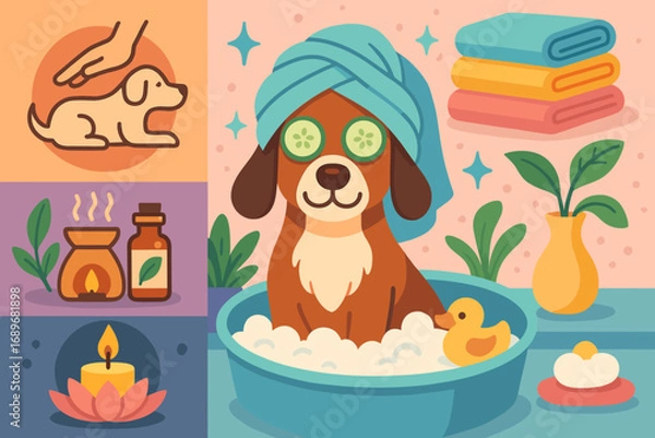 Fototapeta Dog's Luxurious Spa Day. Colorful scene showing dog at pet spa and pampering icon set for massage, towels, scents and relaxation