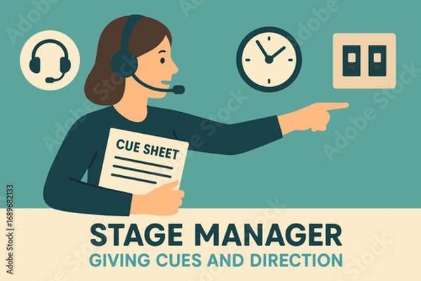 Fototapeta Stage Manager Essentials. Flat design banner featuring stage manager giving cues and direction icon set for headset, cue sheet,