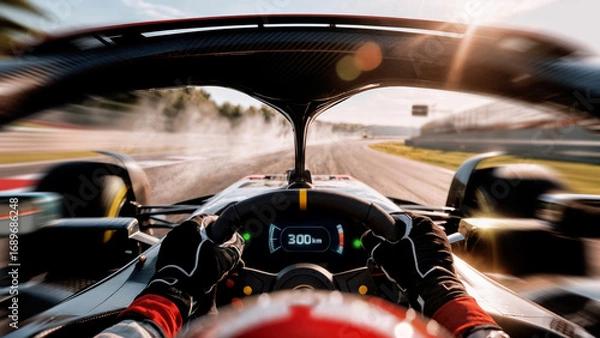 Fototapeta Point of view of a formula 1 race car driver at high speed on track