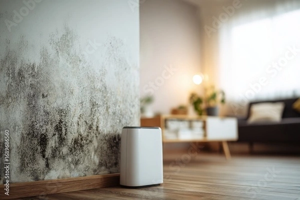 Fototapeta Mold creeping along a living room wall in a modern home, with a blurred background featuring an air purifier and warm wooden floor, evoking moisture concerns and contemporary design.