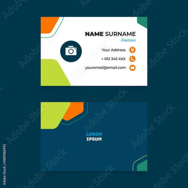 Fototapeta A modern, clean, and professional business card template with a geometric design and a vibrant orange and green color palette, perfect for photographers and creative professionals