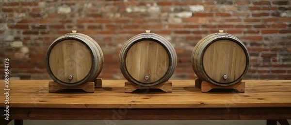 Obraz Three Small Wooden Barrels on Rustic Table Against Brick Wall