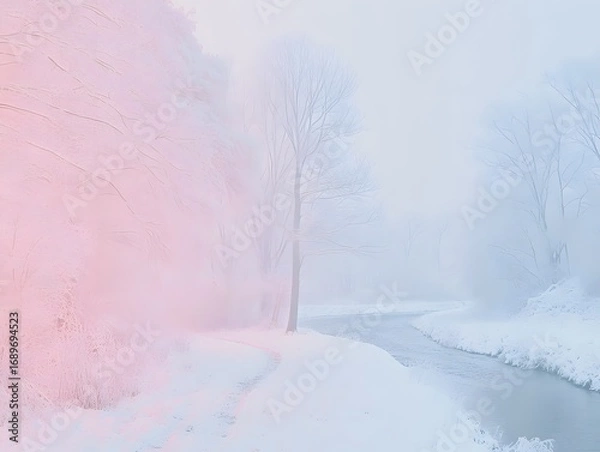 Fototapeta Serene Winter River Path Snowy Trees Pastel Landscape