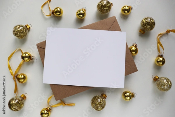 Obraz Christmas card design made of fir branches, tinsel and Christmas balls