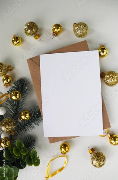 Obraz Christmas card design made of fir branches, tinsel and Christmas balls