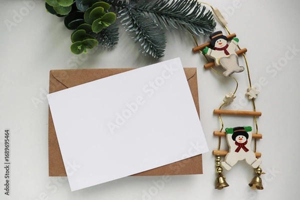 Obraz Christmas card design made of fir branches, tinsel and Christmas balls