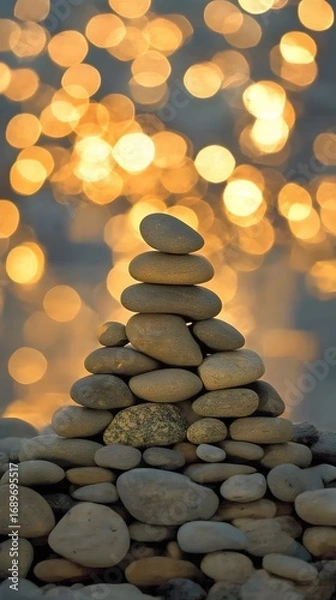 Fototapeta Serene Stacked Stones at Sunset Bokeh Background