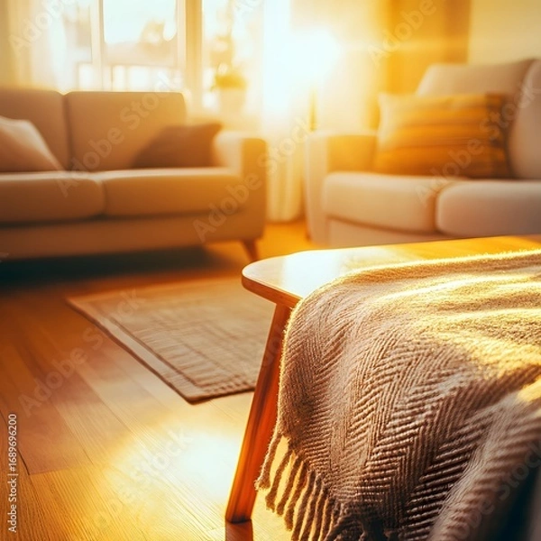 Obraz Warm Sunset Glow in Cozy Living Room with Throw Blanket on Wooden Coffee Table