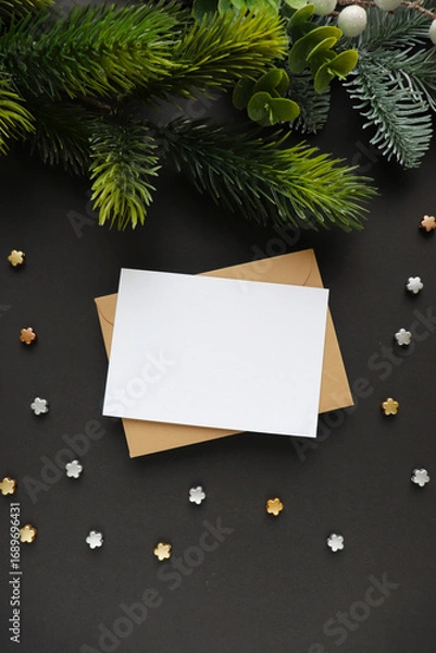 Obraz Christmas card design made of fir branches, tinsel and Christmas balls