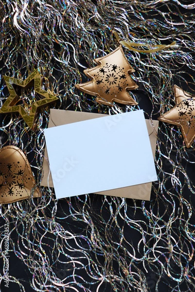 Obraz Christmas card design made of fir branches, tinsel and Christmas balls