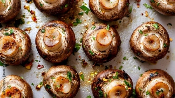 Fototapeta Roasted Mushrooms with Herbs and Spices Close Up Photography