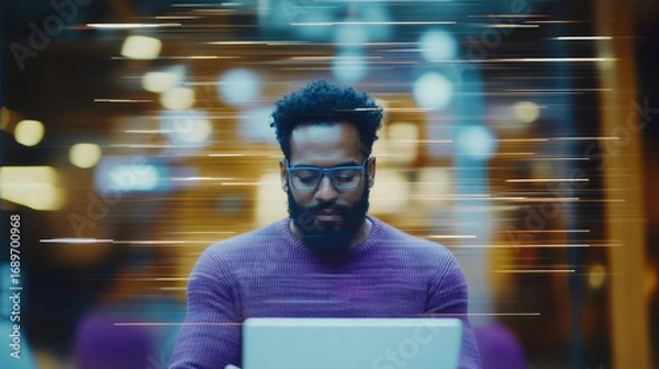 Fototapeta African american man working on laptop with dynamic fast data lines. Internet speed, digital transformation, and futuristic technology concept.
